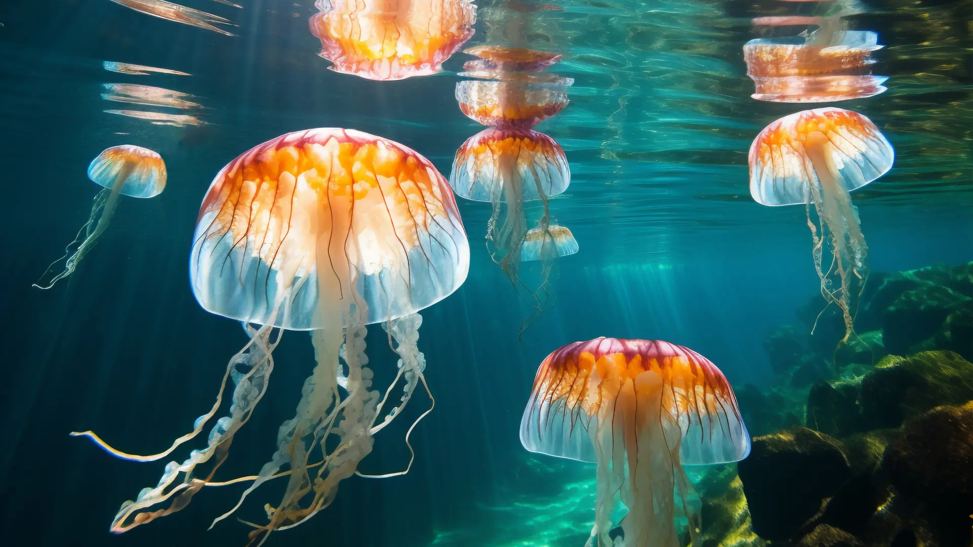 Orange-and-white bioluminescent jellyfish drifting in turquoise deep water above a rocky reef, evoking deep ocean mystery