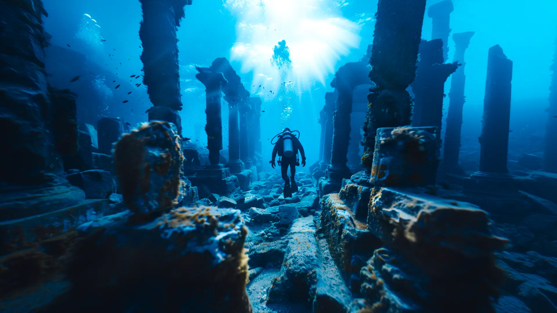 Scuba diver swims through sunlit submerged ruins framed by tall broken columns, coral-covered stones and schools of fish