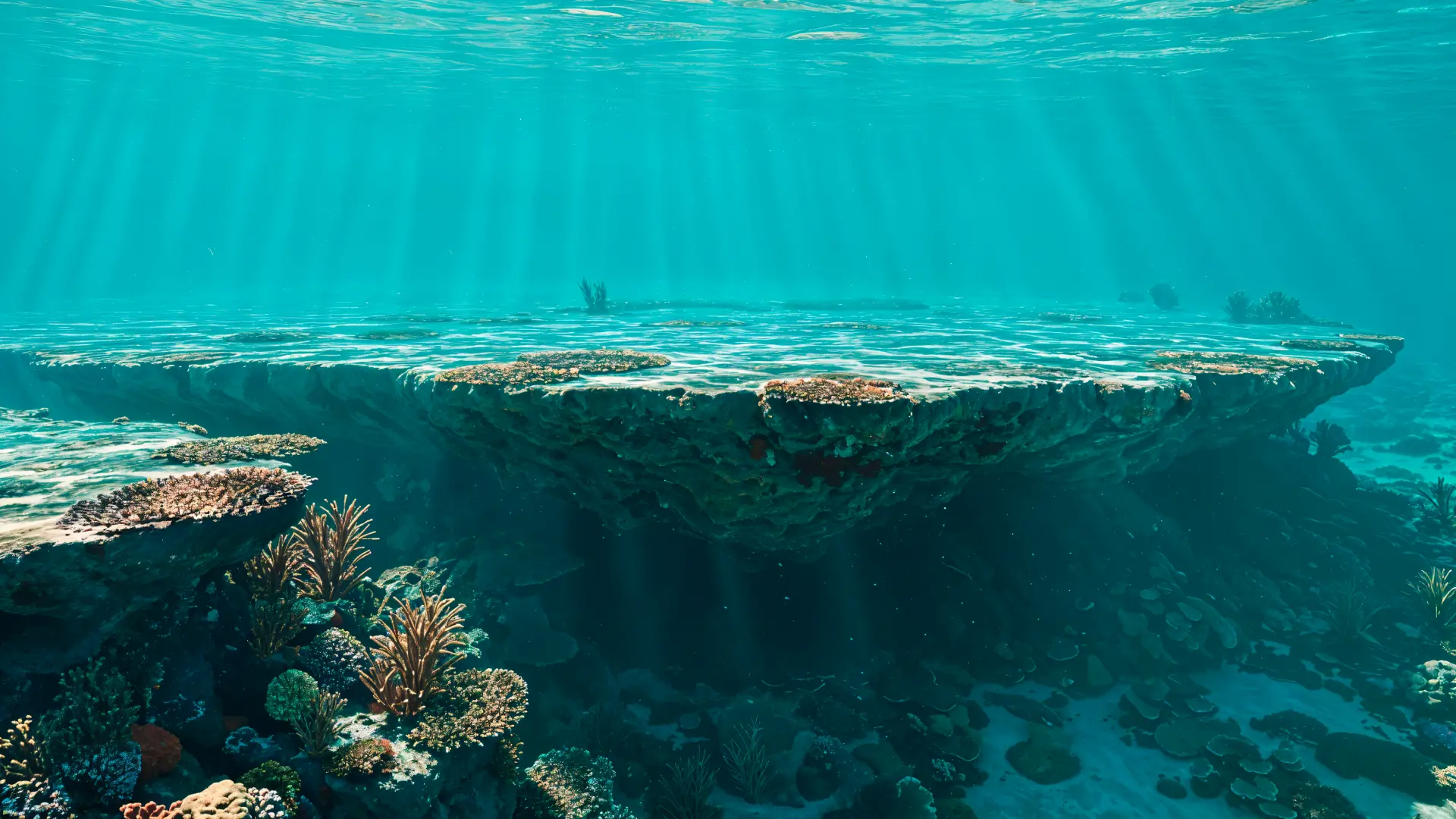 Underwater coral reef shelf in clear turquoise water with sunlight rays and diverse tropical corals, ocean depths theme