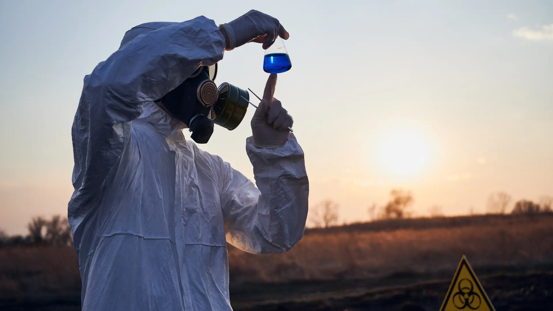 Scientist in hazmat suit and gas mask inspecting a blue chemical sample outdoors at sunset for radiation safety article