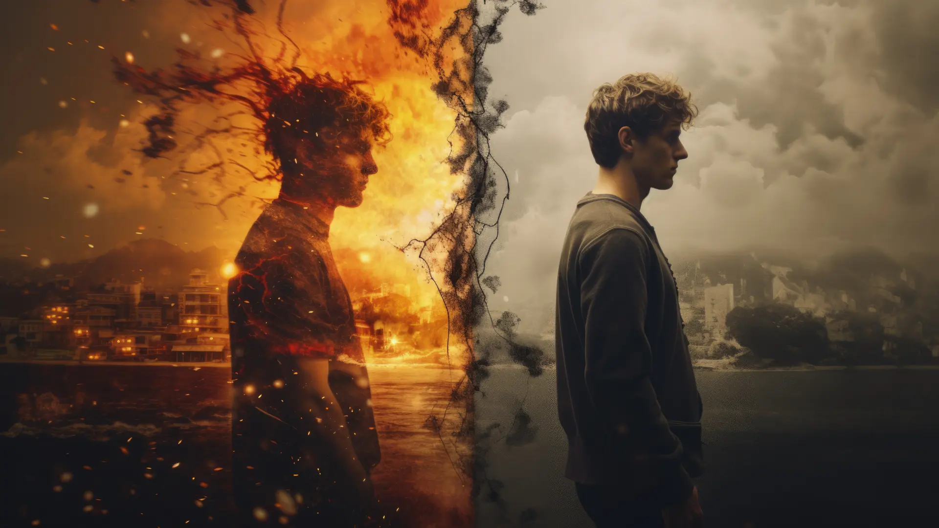 Profile of a young man split between burning city embers and a gray calm landscape, symbolizing radiation’s dual role